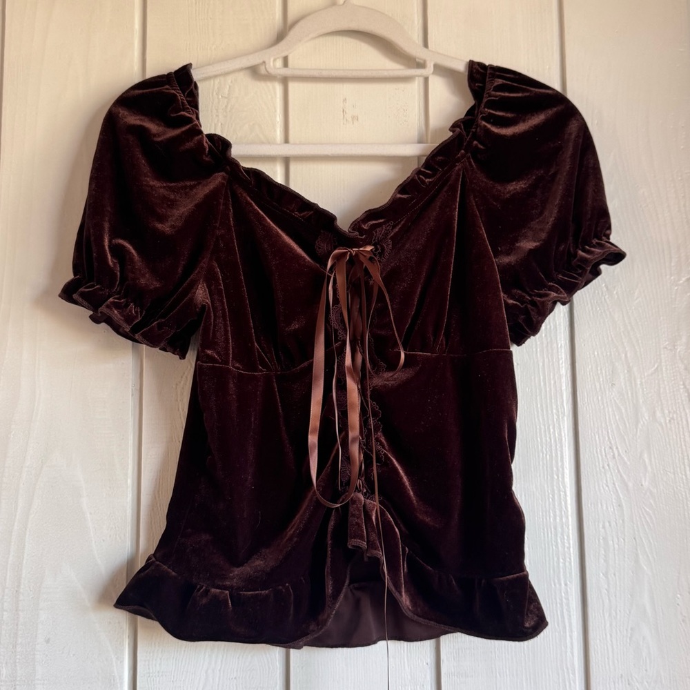 Romwe Brown Velvet Puff Sleeve Blouse